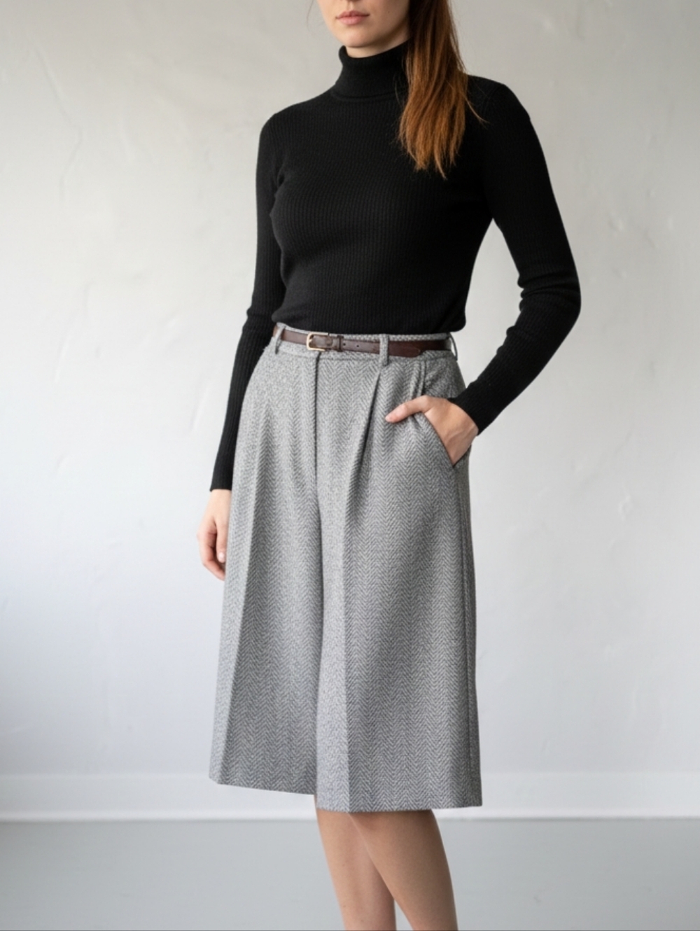 Vintage Herringbone Culottes - Grey Wool Blend - 14" Flat Waist (Size 6/S)